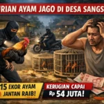 buatkan desain thumbnail ilustrasi gambar berita, visualisasi realistik, naturalistik, informatif, menarik, bentuk landscape, rasio 16:9, tentang Aksi pencurian unggas (ayam jenis jago) terjadi di Desa Sangsit, Kecamatan Sawan. Sebanyak 15 ekor ayam jantan hilang digondol maling, akibatkan kerugian mencapai Rp54 juta.