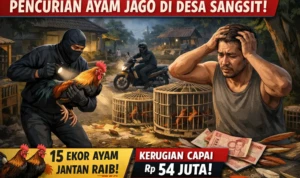 buatkan desain thumbnail ilustrasi gambar berita, visualisasi realistik, naturalistik, informatif, menarik, bentuk landscape, rasio 16:9, tentang Aksi pencurian unggas (ayam jenis jago) terjadi di Desa Sangsit, Kecamatan Sawan. Sebanyak 15 ekor ayam jantan hilang digondol maling, akibatkan kerugian mencapai Rp54 juta.
