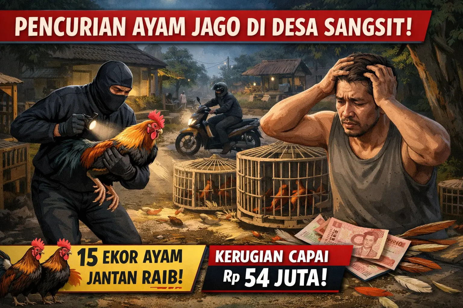 buatkan desain thumbnail ilustrasi gambar berita, visualisasi realistik, naturalistik, informatif, menarik, bentuk landscape, rasio 16:9, tentang Aksi pencurian unggas (ayam jenis jago) terjadi di Desa Sangsit, Kecamatan Sawan. Sebanyak 15 ekor ayam jantan hilang digondol maling, akibatkan kerugian mencapai Rp54 juta.